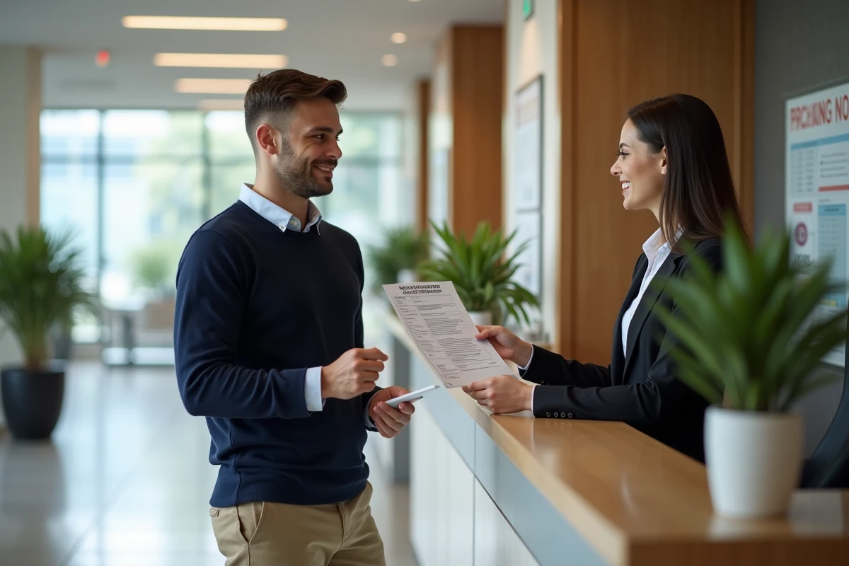 Jeune homme présentant un formulaire à la réception
