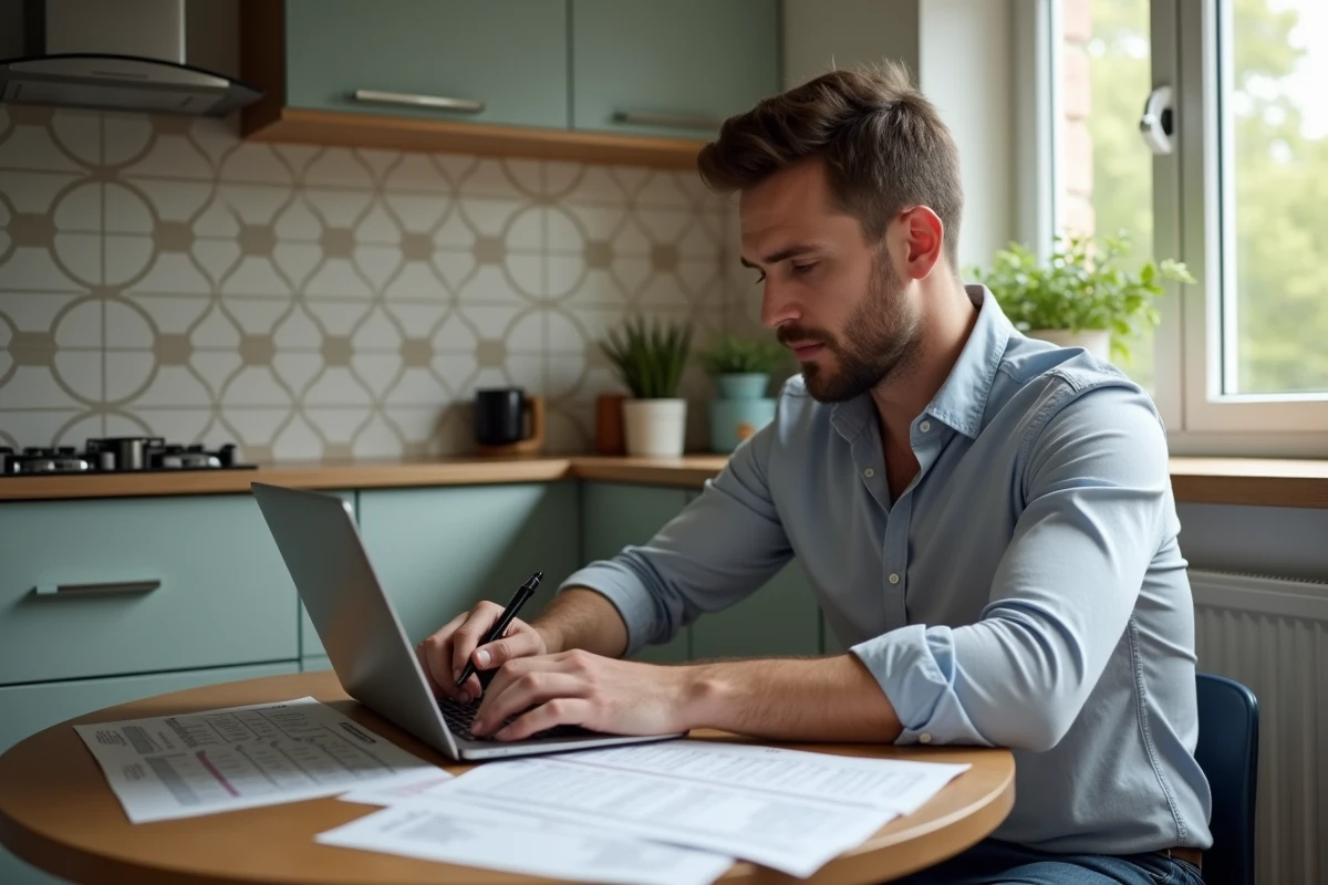 Homme relisant une fiche de conjugaison espagnole