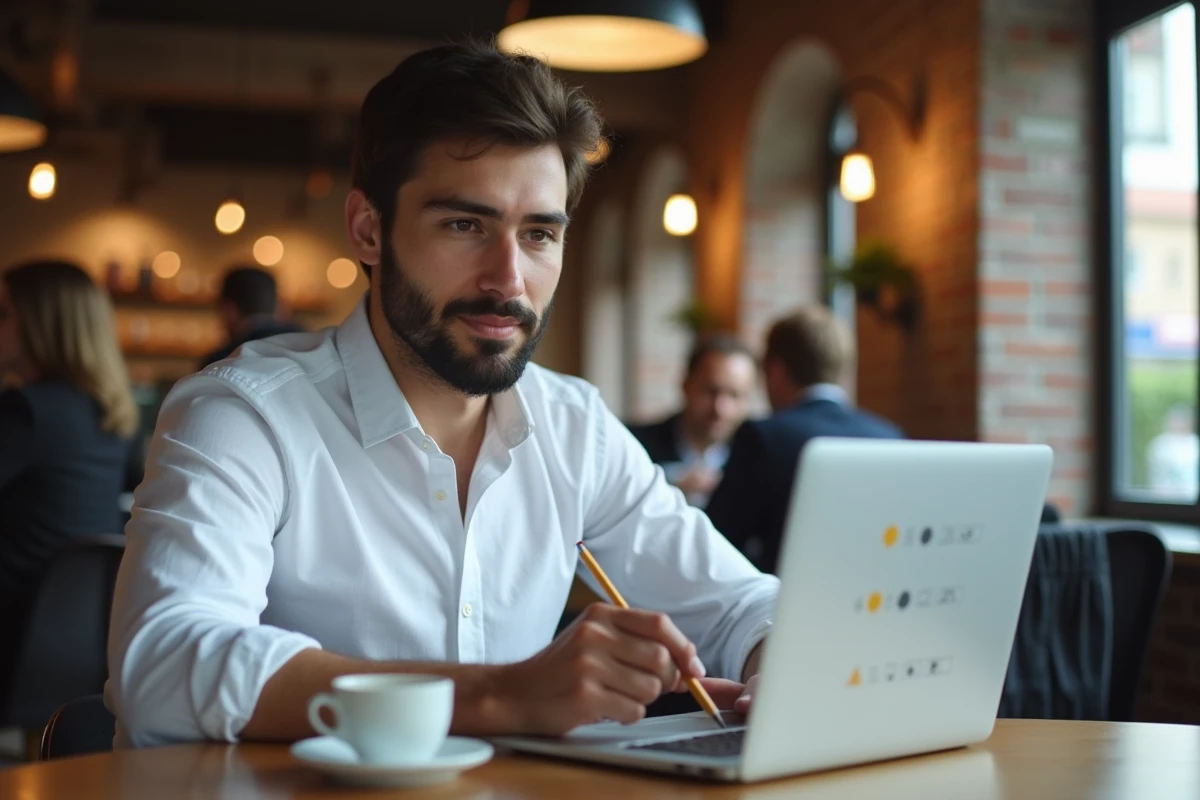 Jeune homme analysant un test de QI officiel sur un ordinateur portable dans un café urbain