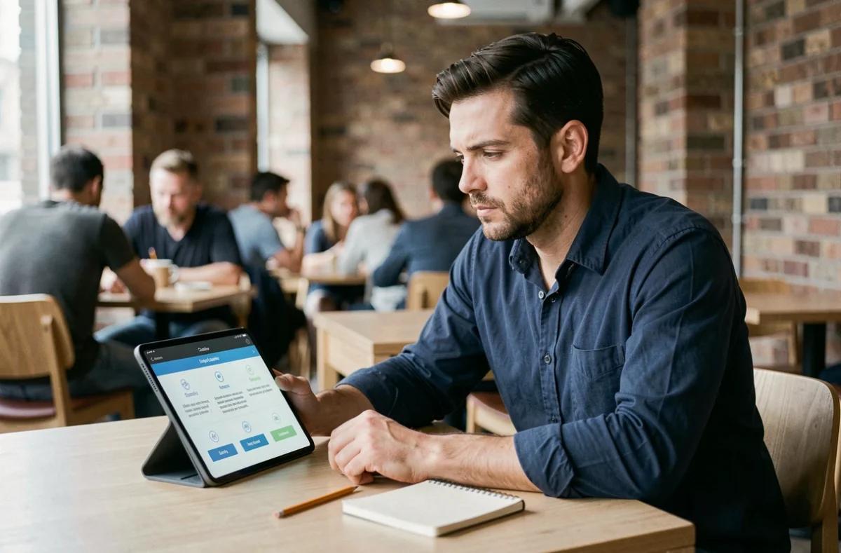 Homme en train de répondre à un test de QI fiable sur une tablette dans un café moderne