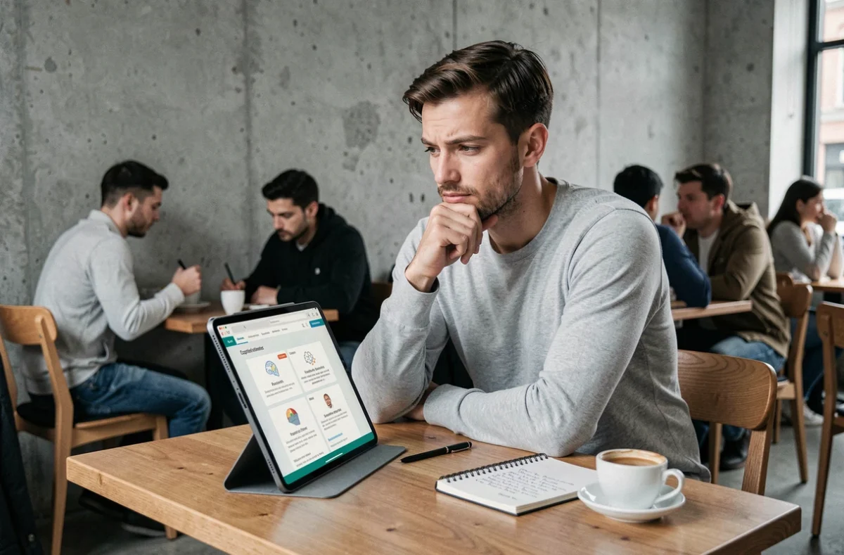 Homme réfléchi consultant un test de QI sur une tablette dans un café moderne