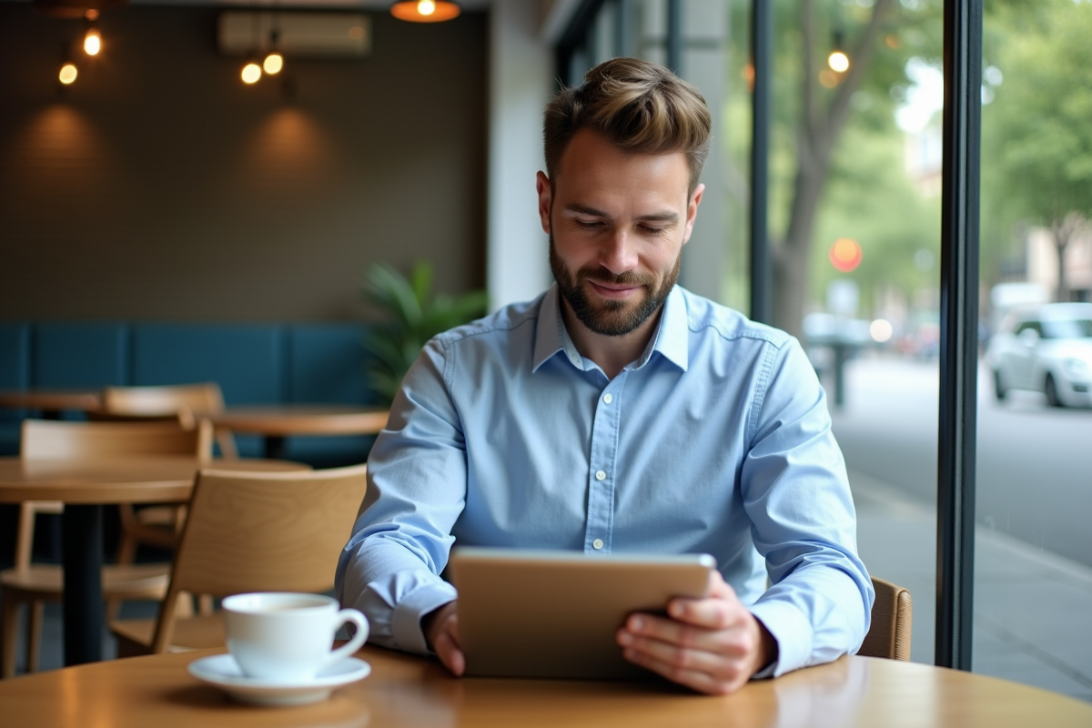 Homme en chemise bleue travaille sur tablette dans café coworking