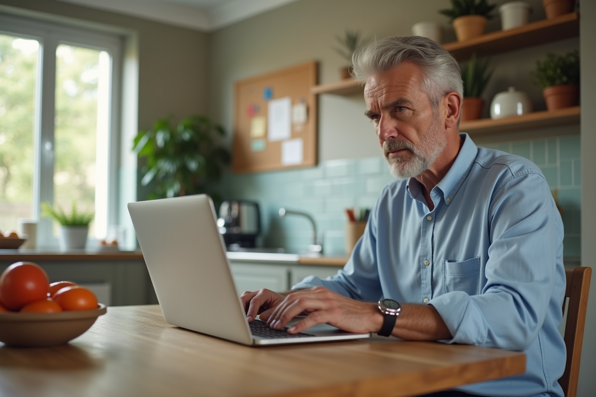 Homme en visioconference dans une cuisine lumineuse