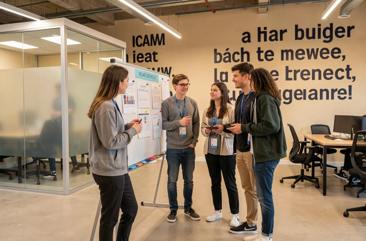 Groupe d'étudiants de l'ICAM Lille discutant autour d'un tableau de présentation dans un espace collaboratif moderne