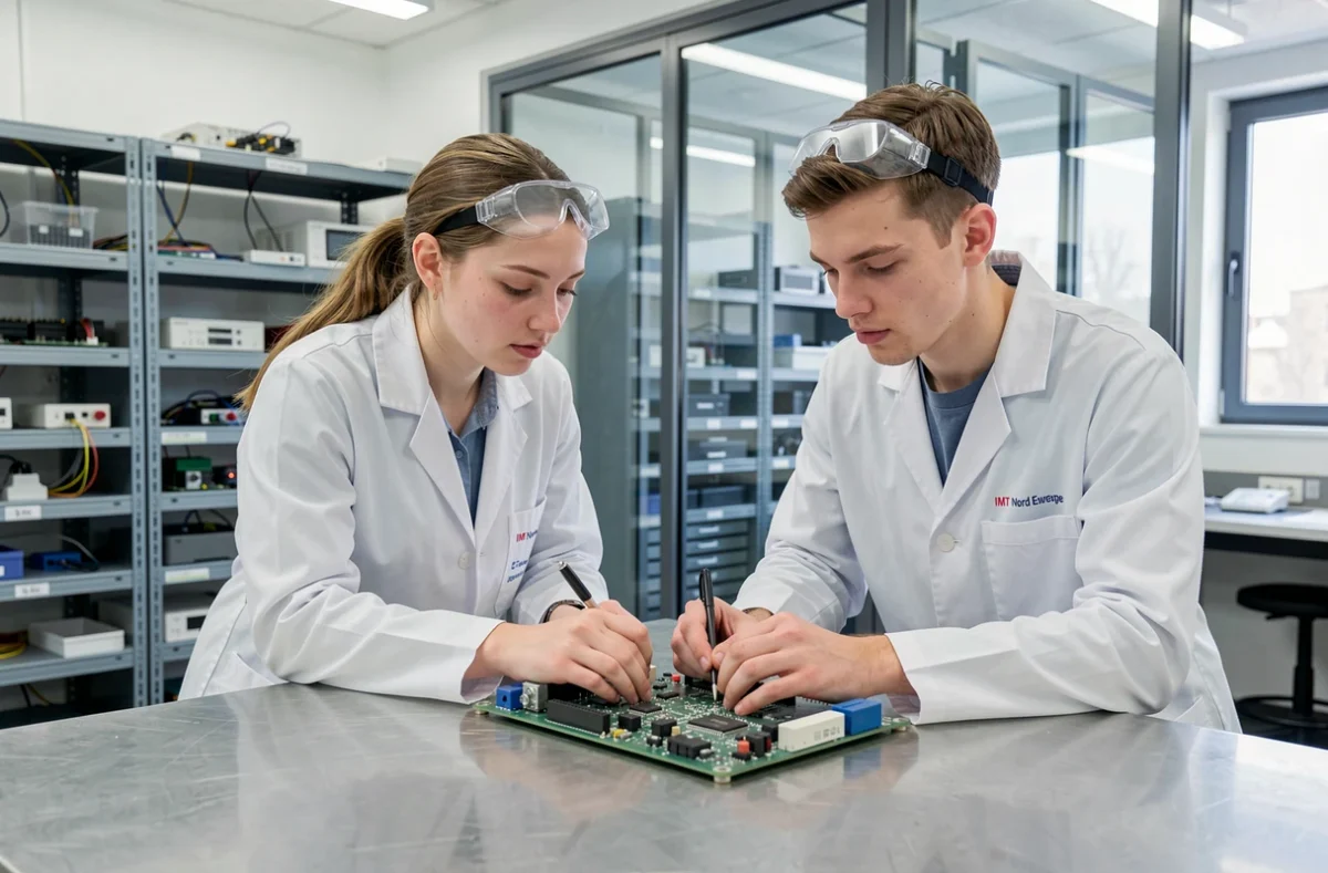Deux étudiants en blouse blanche travaillant sur un prototype électronique dans un laboratoire de l'IMT Nord Europe