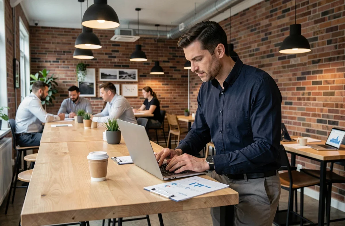 Infopreneur analysant des statistiques de campagne emailing depuis un espace de coworking moderne