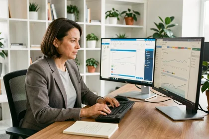 Infopreneure comparant deux logiciels de mailing sur un poste de travail moderne avec double écran