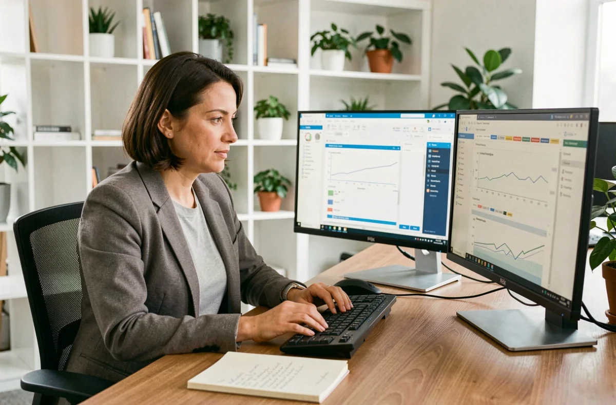 Infopreneure comparant deux logiciels de mailing sur un poste de travail moderne avec double écran