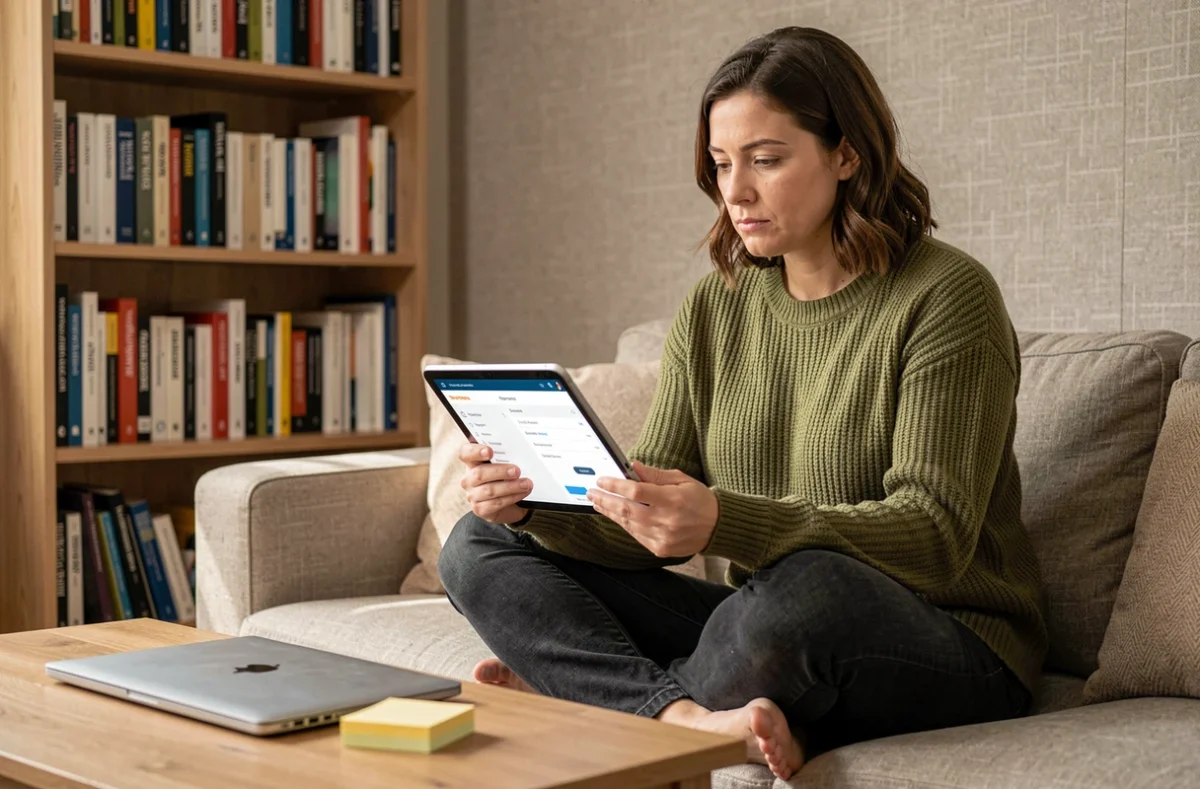 Infopreneure évaluant une solution de mailing spécialisée sur tablette dans un bureau à domicile confortable