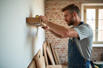Homme installant des étagères flottantes en bois sur un mur intérieur lors d'un projet de bricolage à domicile