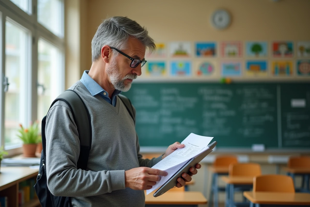 Instituteur consultant son dossier IProf sur une tablette avec documents imprimés dans une salle de classe