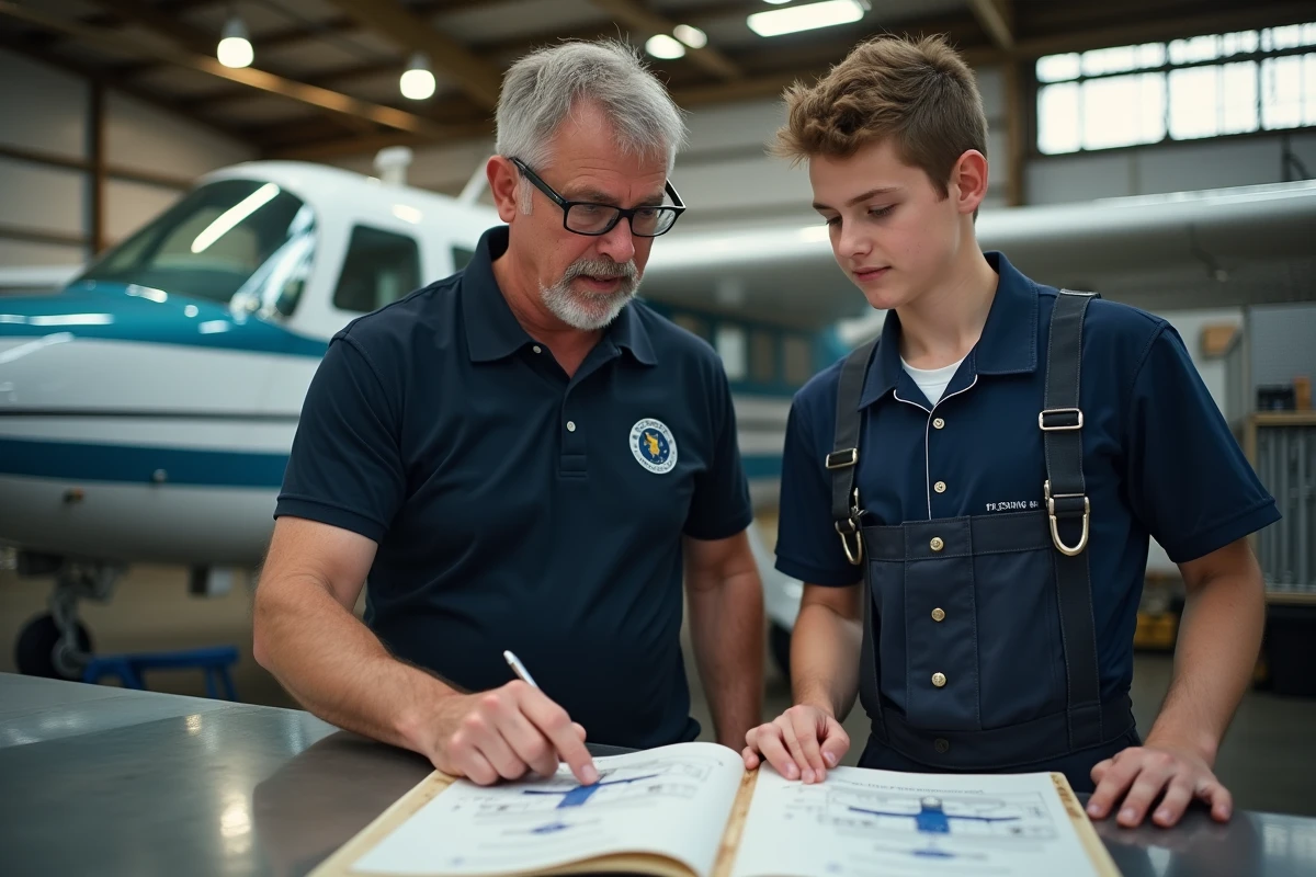 Instructeur expliquant un manuel technique à un stagiaire en maintenance aéronautique dans un atelier de formation pratique