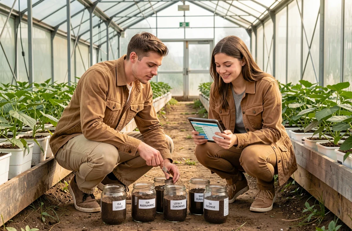 Deux étudiants de l'ISA Lille analysant des échantillons de sol dans une serre agricole avec des rangées de plantes en arrière-plan