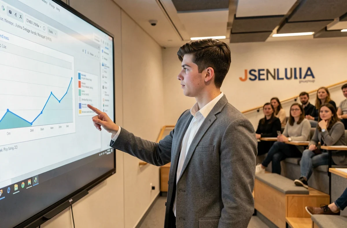 Étudiant de l'ISEN Lille JUNIA présentant un projet numérique devant une salle de séminaire moderne