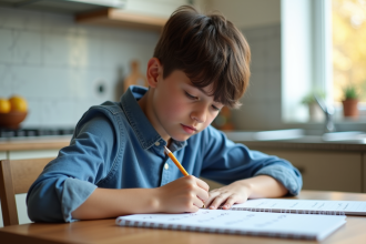 Adolescent écrivant des suites arithmétiques dans un cahier