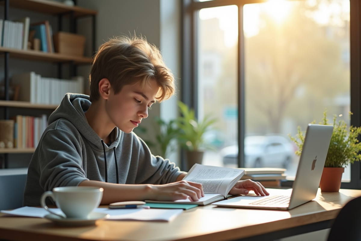 Jeune adulte étudiant anglais à un bureau lumineux