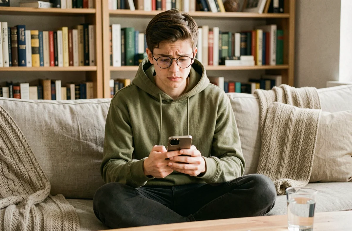 Jeune adulte lisant les questions d'un test de QI sur smartphone confortablement installé dans son salon