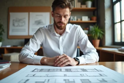 Jeune architecte étudiant plans et coupes dans son bureau lumineux