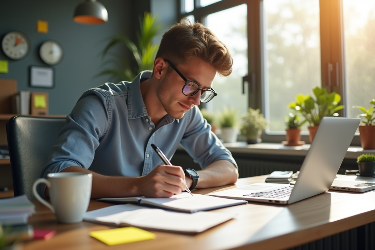 Jeune entrepreneur écrivant dans un bureau lumineux