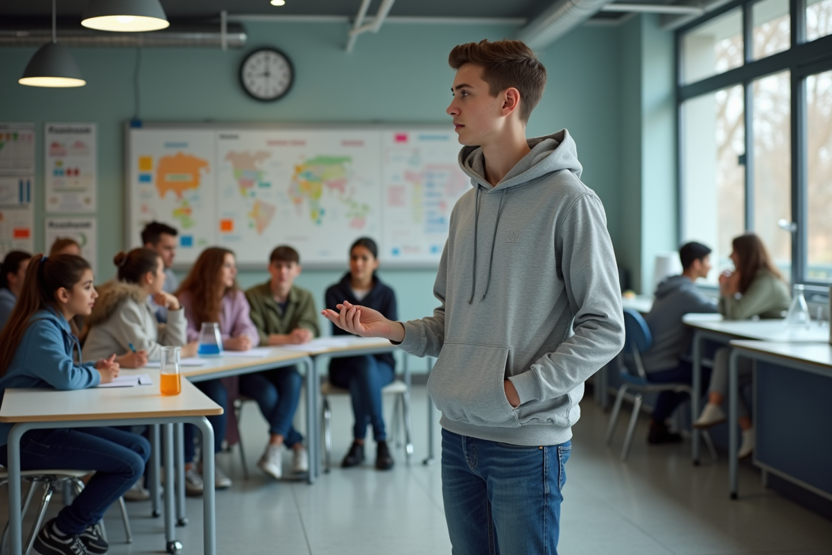 Jeune étudiant présentant un projet en laboratoire