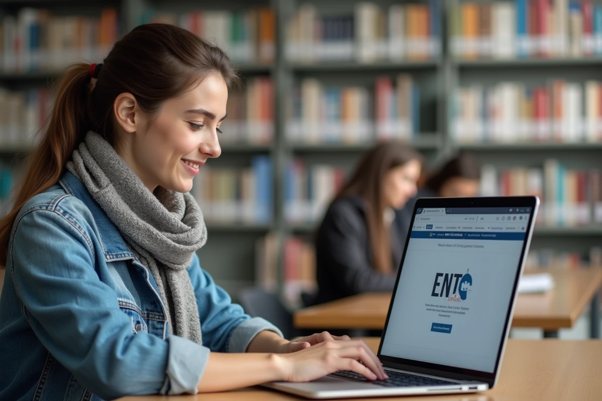 Jeune femme à la bibliothèque utilisant un ordinateur portable