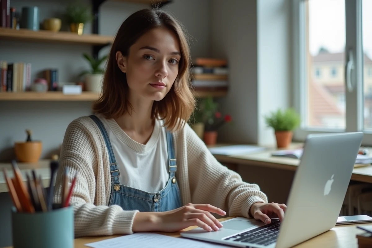 Jeune femme concentrée sur son ordinateur dans un espace d'étude