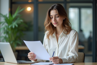 Jeune femme au bureau lisant un document avec concentration