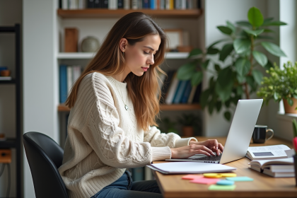 Jeune femme travaillant sur un ordinateur dans un bureau lumineux