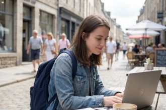 Jeune femme en denim au café avec son ordinateur