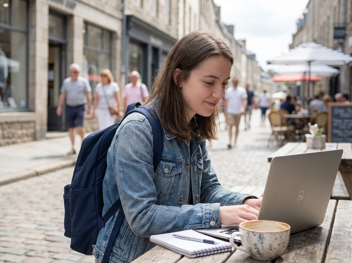 Jeune femme en denim au café avec son ordinateur