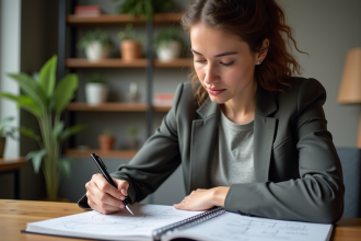 Jeune femme en blazer esquissant des diagrammes dans un bureau moderne