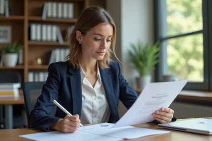 Jeune femme en bureau avec diplôme et ordinateur