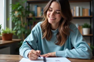 Jeune femme écrivant la lettre ñ dans un carnet à domicile