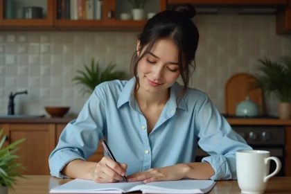 Jeune femme écrivant en espagnol dans une cuisine chaleureuse