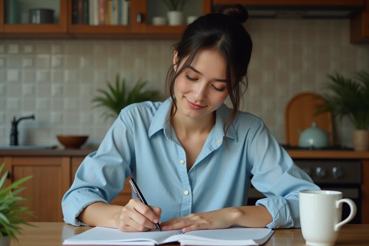 Jeune femme écrivant en espagnol dans une cuisine chaleureuse