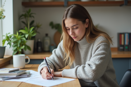 Jeune femme remplissant un test GED à la maison