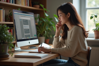 Jeune femme étudiant à son bureau dans un appartement cosy