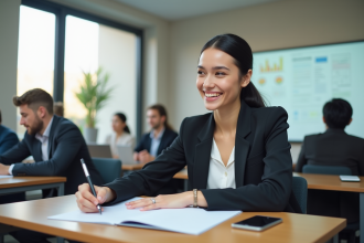 Jeune femme professionnelle en formation en salle moderne