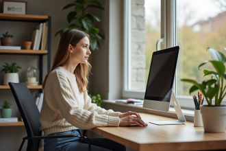 Jeune femme travaillant dans un bureau à domicile cosy