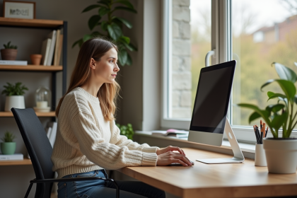 Jeune femme travaillant dans un bureau à domicile cosy