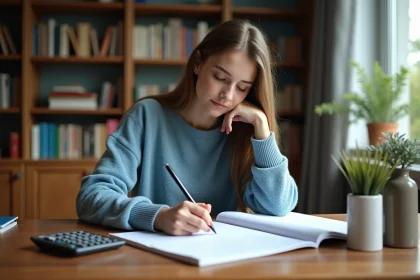Jeune femme &eacute;crivant dans un carnet dans un cadre cosy
