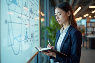 Jeune femme en blazer bleu prenant des notes devant un tableau blanc