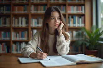 Jeune femme en sweater lisant un essai de philosophie