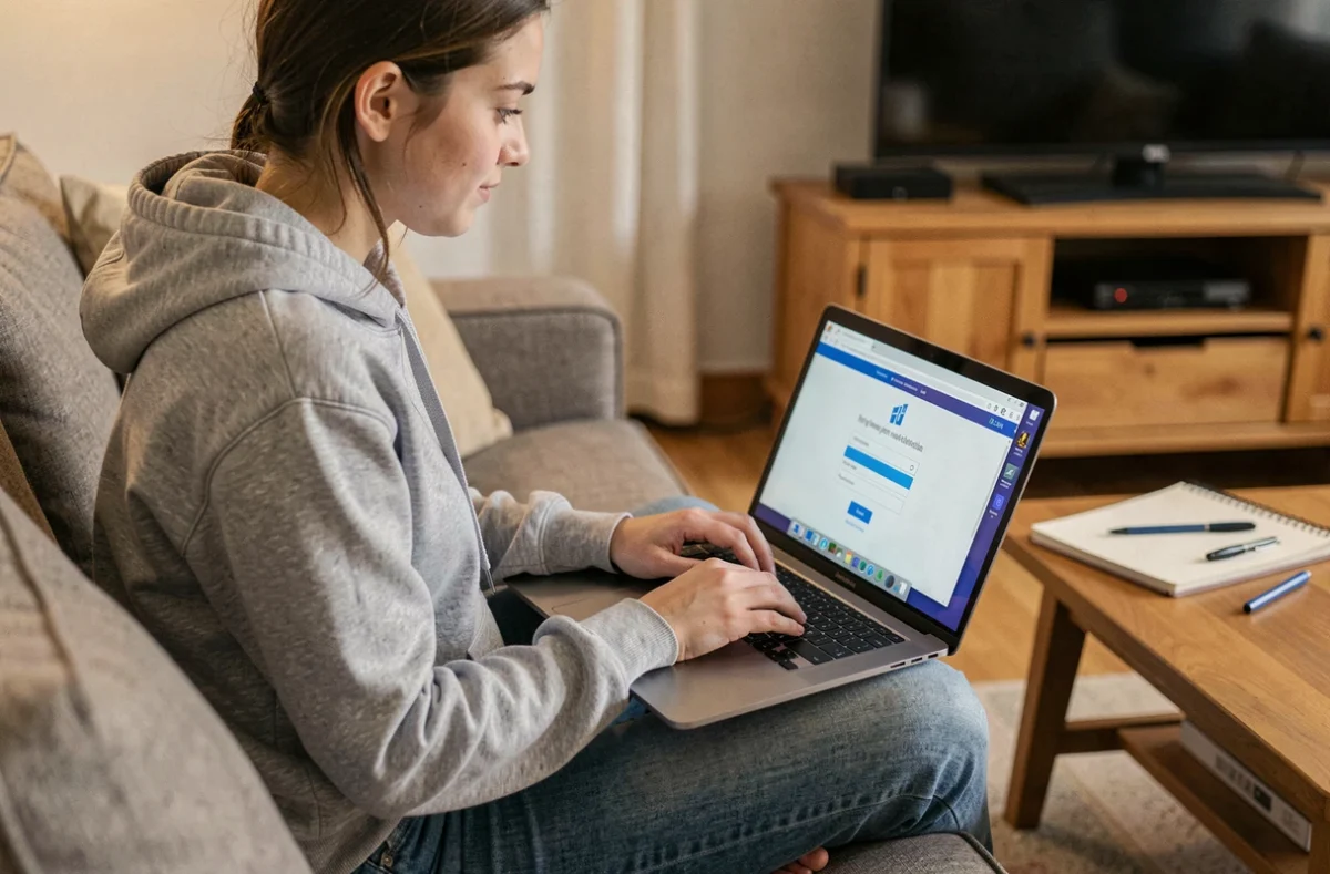 Jeune femme se connectant à PIA Académie de Grenoble sur son ordinateur portable depuis son salon