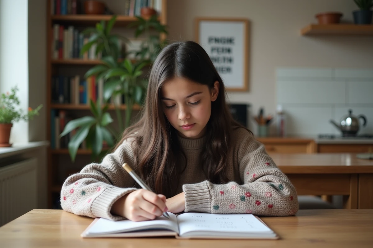 Jeune fille concentrée écrivant des verbes français au cahier