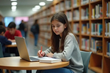 Jeune fille au lycée concentrée sur son ordinateur portable