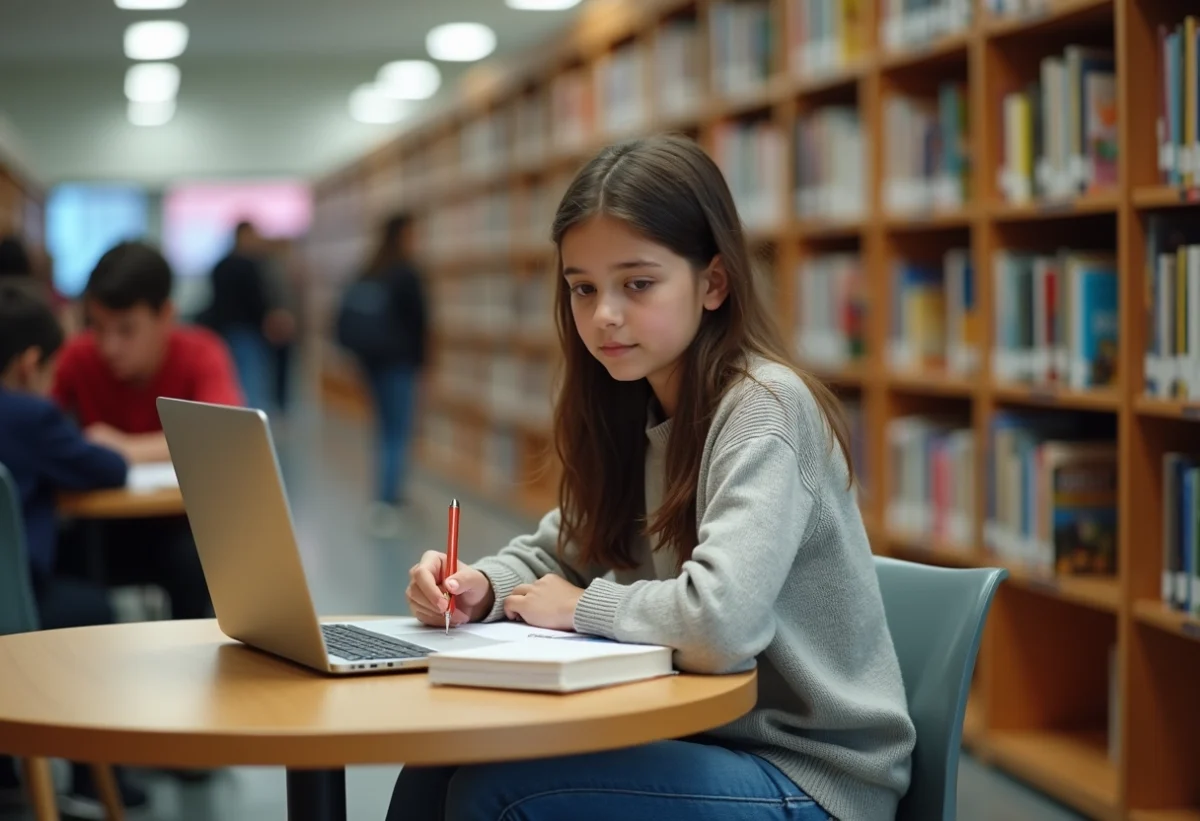 Jeune fille au lycée concentrée sur son ordinateur portable