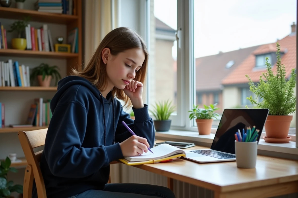 Jeune fille en hoodie assise à son bureau en étudiant