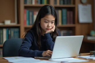 Jeune fille concentrée sur son ordinateur à la maison