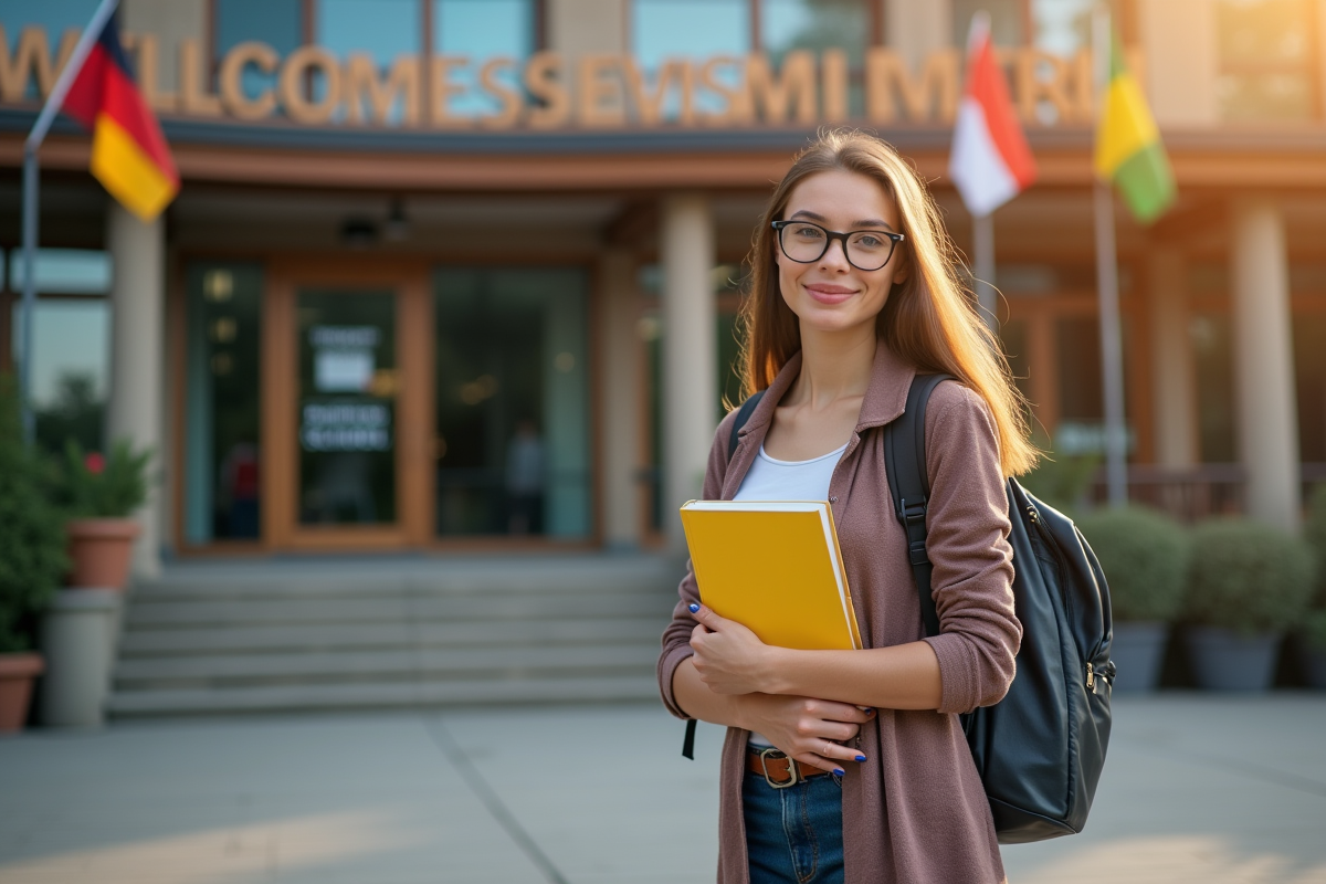 Jeune fille avec sac devant une école de langues internationale